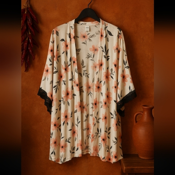 Soma Floral Lace Trim Stretchy Open Cardigan Robe Wrap Topper Ivory L - Picture 6 of 13